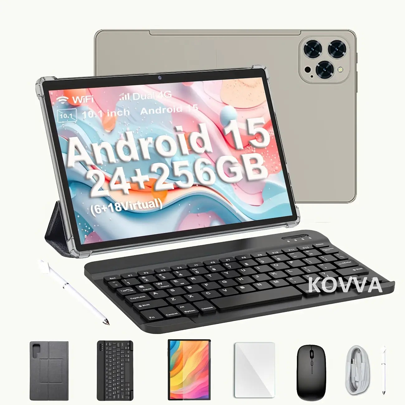 2026 Family 2-In-1 Android 15 Tablet, 10.1” Large Screen, 24GB（6GB+18GB）RAM 256GB Storage, Keyboard, Mouse, Stylus, Case Bundle for Kids Learning & Home Use Gift