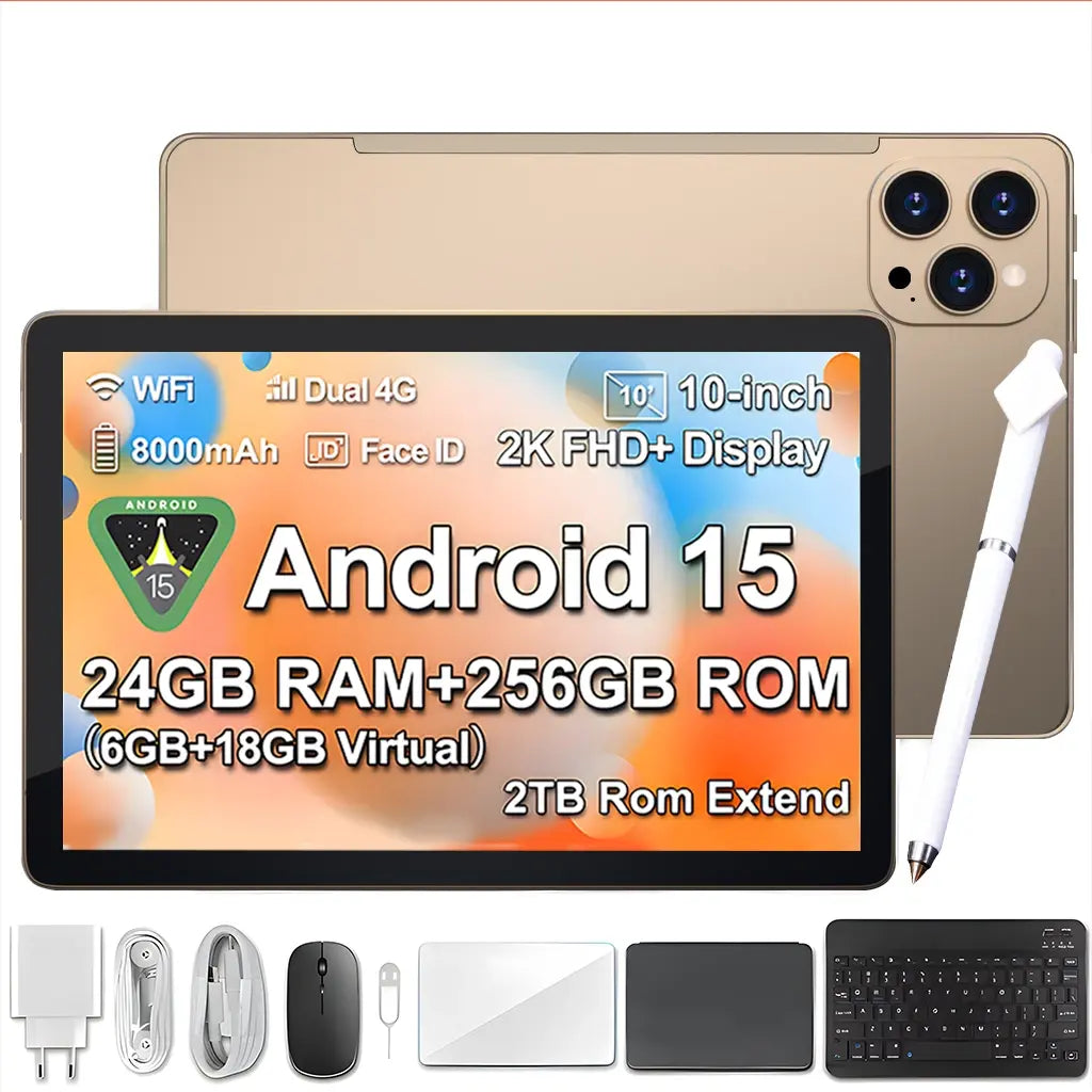 2026 Family 2-In-1 Android 15 Tablet, 10.1” Large Screen, 24GB（6GB+18GB）RAM 256GB Storage, Keyboard, Mouse, Stylus, Case Bundle for Kids Learning & Home Use Gift