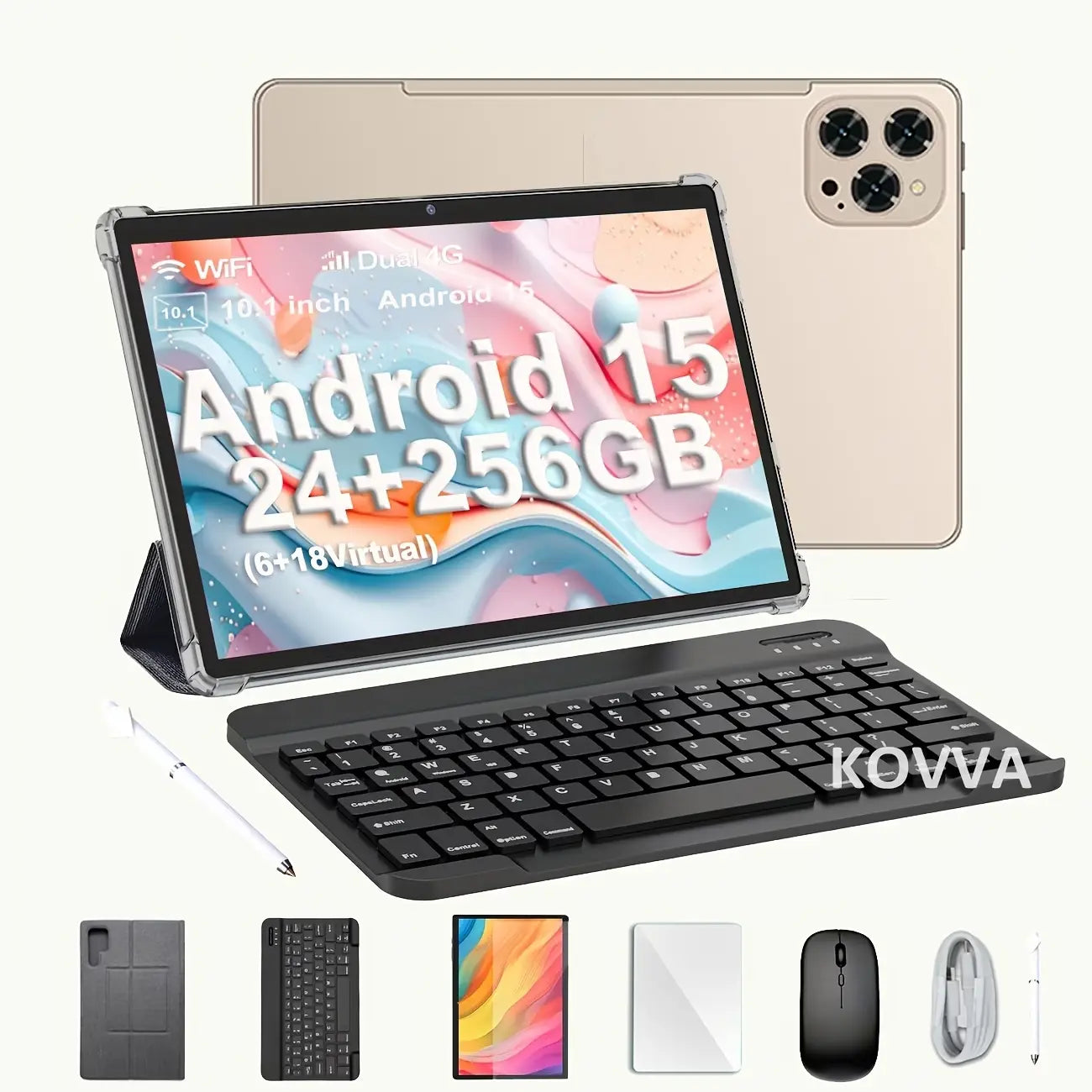 2026 Family 2-In-1 Android 15 Tablet, 10.1” Large Screen, 24GB（6GB+18GB）RAM 256GB Storage, Keyboard, Mouse, Stylus, Case Bundle for Kids Learning & Home Use Gift