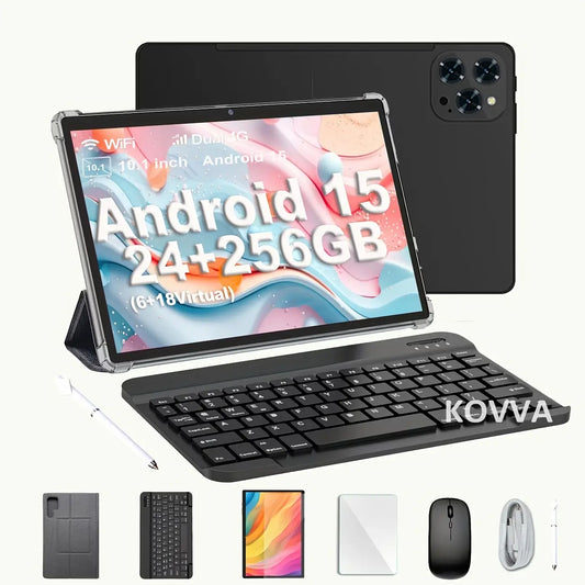 2026 Family 2-In-1 Android 15 Tablet, 10.1” Large Screen, 24GB（6GB+18GB）RAM 256GB Storage, Keyboard, Mouse, Stylus, Case Bundle for Kids Learning & Home Use Gift